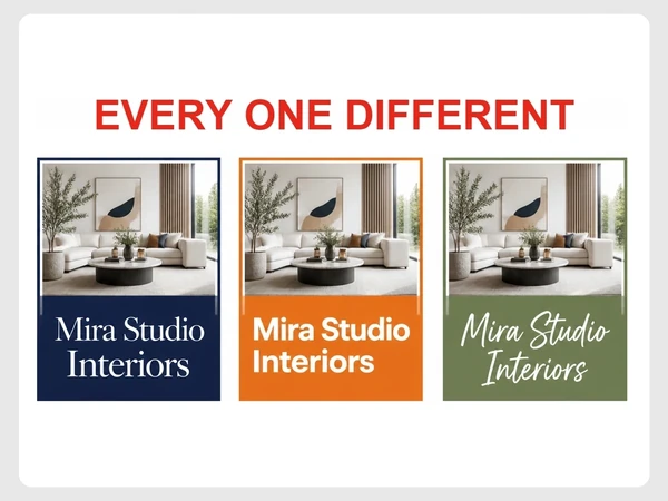 Mira Studio Interiors presents three proposals in mismatched navy serif, orange sans, and green script styles.
