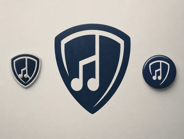 One music school brand icon shown large painted, small embroidered and as a round badge