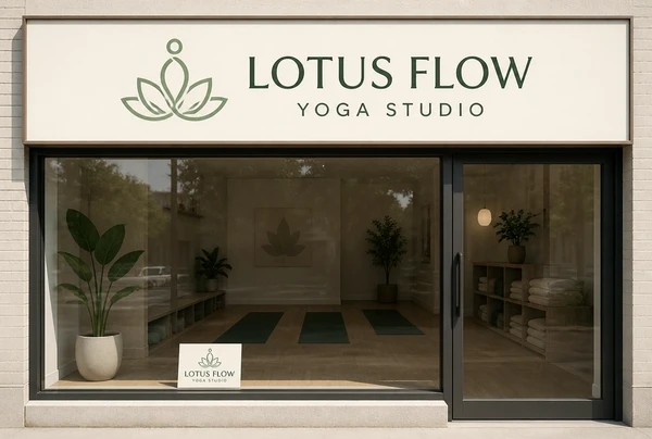 A new yoga studio logo on a shopfront sign, with the same logo on a small card below