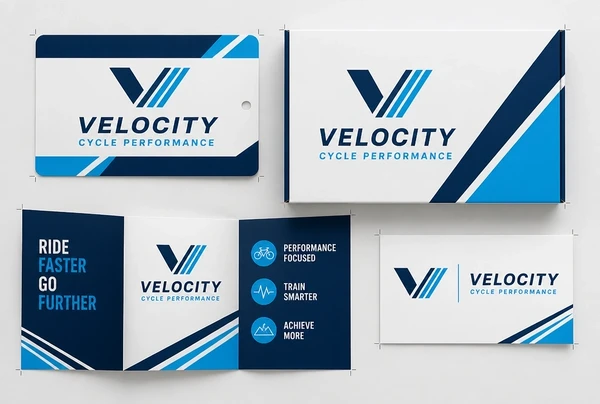 Print ready performance cycling artwork showing a label, a box, a leaflet and a name card in one identity