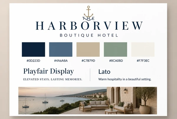 A printed identity board for a boutique hotel showing logo, colours, two typefaces and one photo style