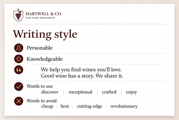 A printed writing style page for a wine merchant showing tone words and example sentences