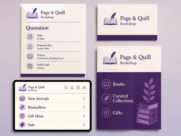 A quotation, name card, leaflet and website header for a bookshop sharing one identity