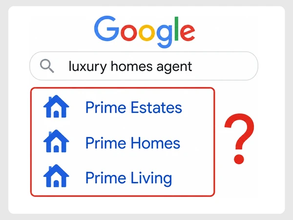 Google lists Prime Estates, Prime Homes, and Prime Living with identical blue house logos.