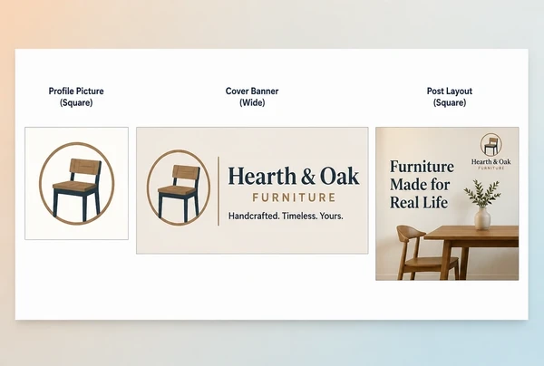 A social template sheet for a furniture maker showing profile, cover and post layouts in one brand