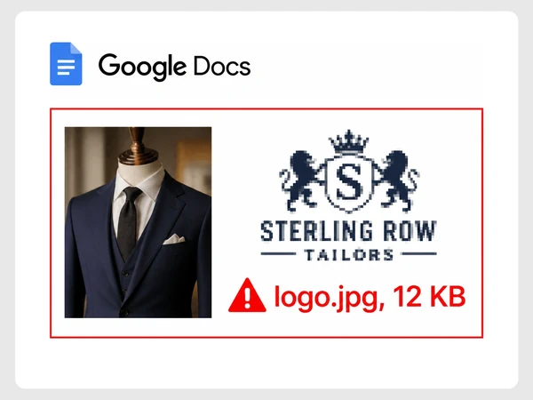 Sterling Row Tailors uses a blocky pixelated 12 KB logo JPEG on its Google Docs letterhead.