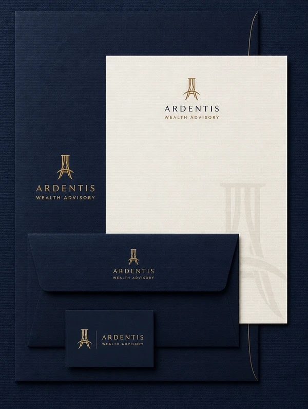 A tall stack of matching stationery for a wealth advisory firm, folder, letterhead and name card
