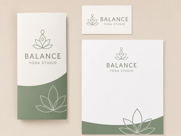 A brochure, name card and letterhead for a yoga studio carrying one consistent identity