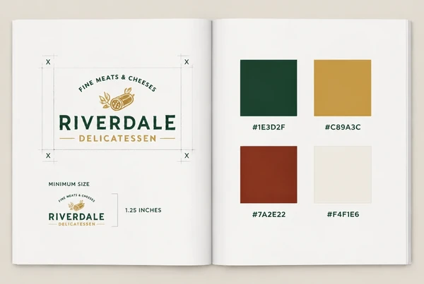 A delicatessen brand guidelines book open at a spread showing logo clear space and colour codes