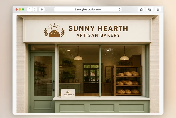 A new artisan bakery logo on a shopfront sign, with the same logo on a small card below