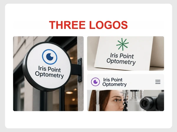 Iris Point Optometry uses three different logo shapes and colors across its sign, card, and website.