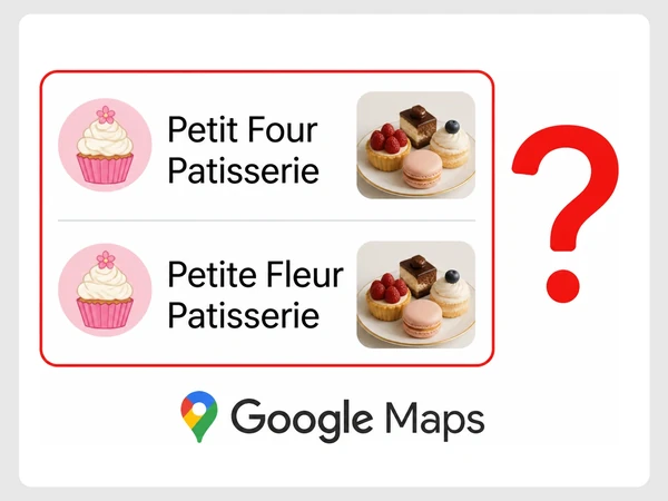Google Maps shows Petit Four and Petite Fleur Patisserie side by side with identical pink cupcake logos.