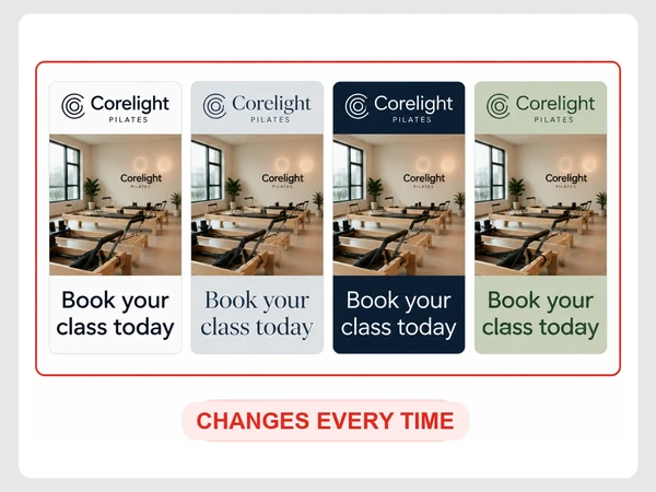 Corelight Pilates has four website pages with different header colors and fonts that change every time.