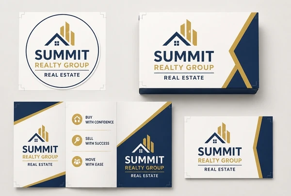 Print ready real estate artwork showing a label, a box, a leaflet and a name card in one identity