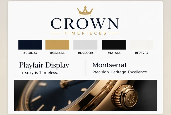 A printed identity board for a luxury watch retailer showing logo, colours, two typefaces and one photo style