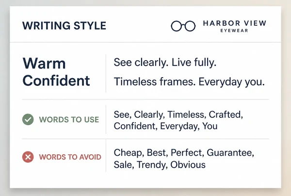 A printed writing style page for an eyewear brand showing tone words and example sentences