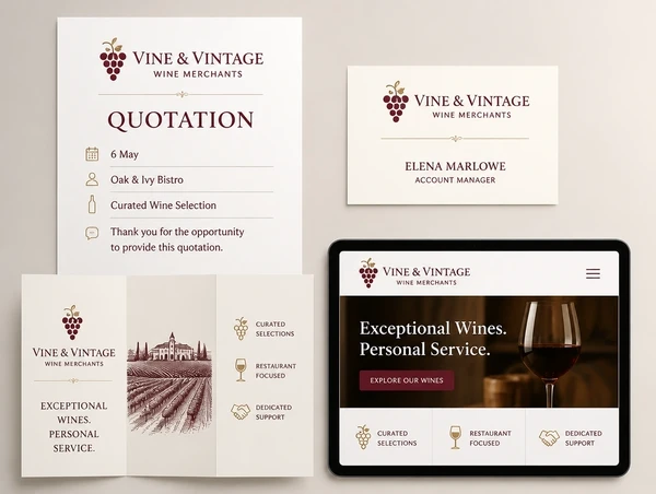 A quotation, name card, leaflet and website header for a wine merchant sharing one identity