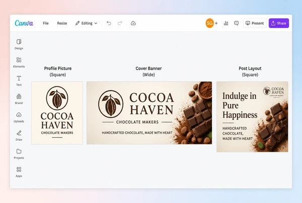 A social template sheet for a chocolate maker showing profile, cover and post layouts in one brand