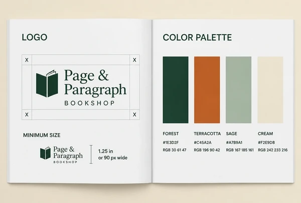 A bookshop brand guidelines book open at a spread showing logo clear space and colour codes