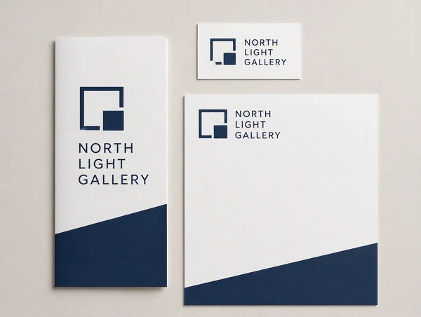 A brochure, name card and letterhead for an art gallery carrying one consistent identity