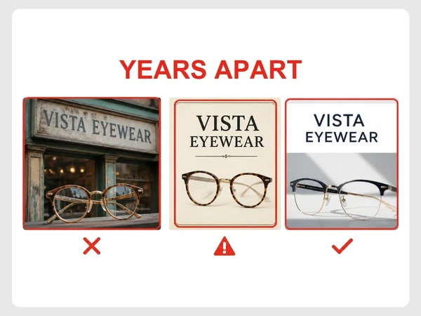 Vista Eyewear's faded sign, old-fashioned brochure, and sleek website appear to come from different eras.