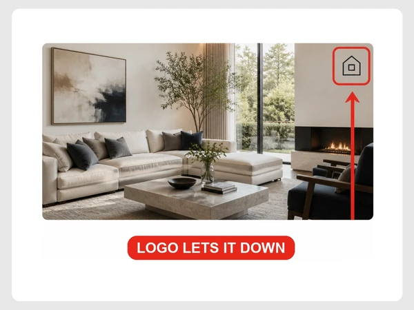 Harlow Atelier Interiors pairs a striking living room photograph with a tiny clipart house logo.