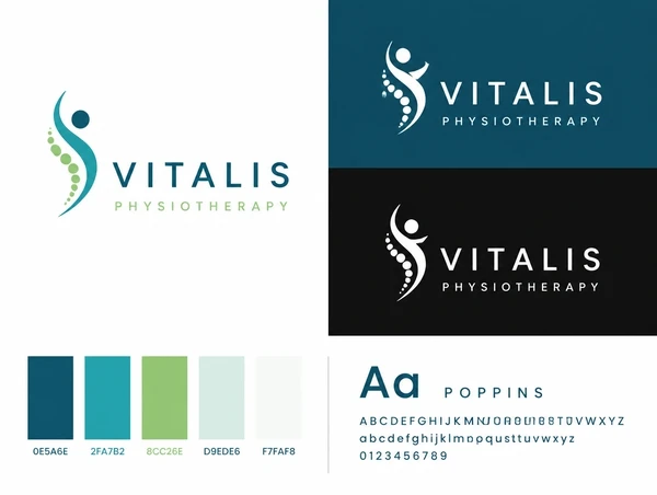 A logo presentation board for a physiotherapy clinic in colour, black and reversed white beside its palette
