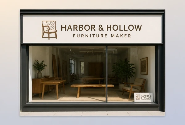 A new furniture maker logo on a shopfront sign, with the same logo on a small card below