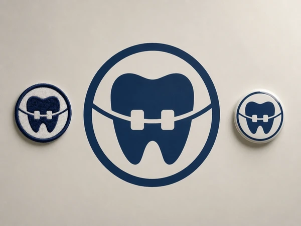 One orthodontic practice brand icon shown large painted, small embroidered and as a round badge
