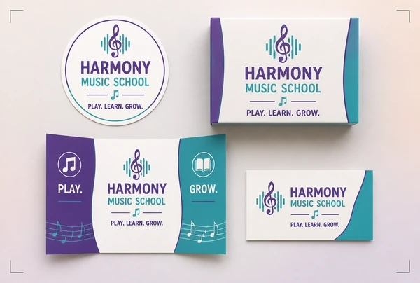 Print ready music school artwork showing a label, a box, a leaflet and a name card in one identity
