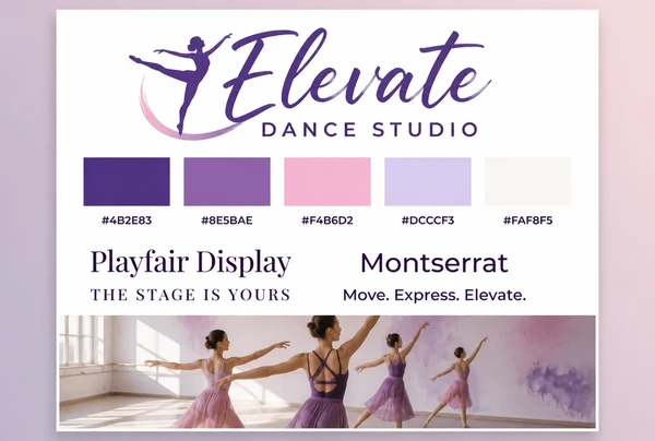 A printed identity board for a dance studio showing logo, colours, two typefaces and one photo style