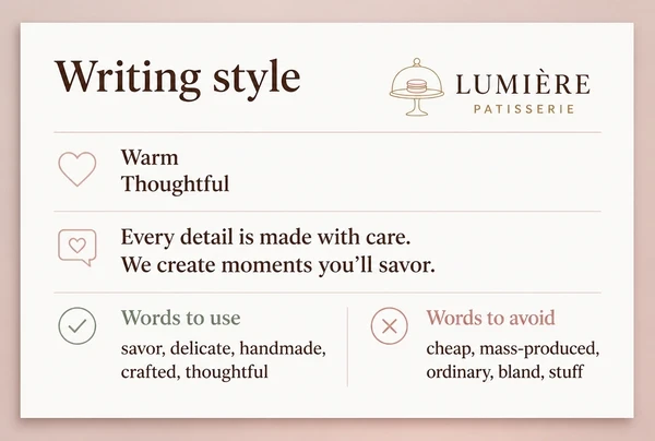 A printed writing style page for a patisserie showing tone words and example sentences