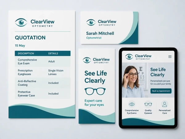 A quotation, name card, leaflet and website header for an optometry practice sharing one identity