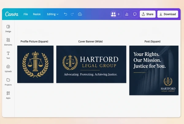 A social template sheet for a law practice showing profile, cover and post layouts in one brand