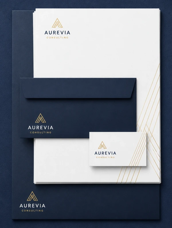 A tall stack of matching stationery for a business consultancy, folder, letterhead and name card