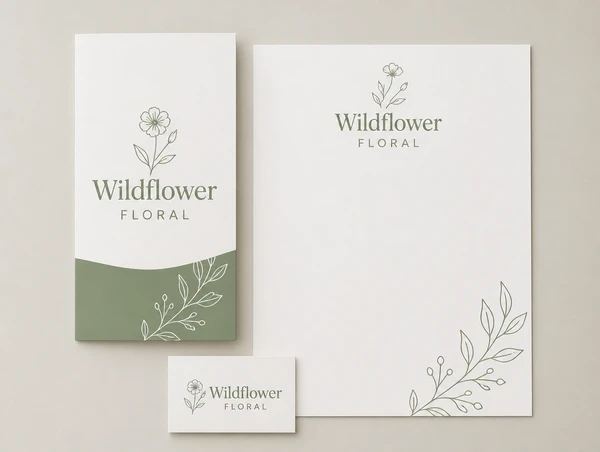 A brochure, name card and letterhead for a florist carrying one consistent identity