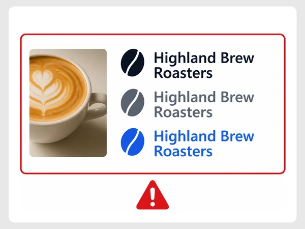 Highland Brew Roasters has three slightly different coffee bean logos with inconsistent curves and colors.
