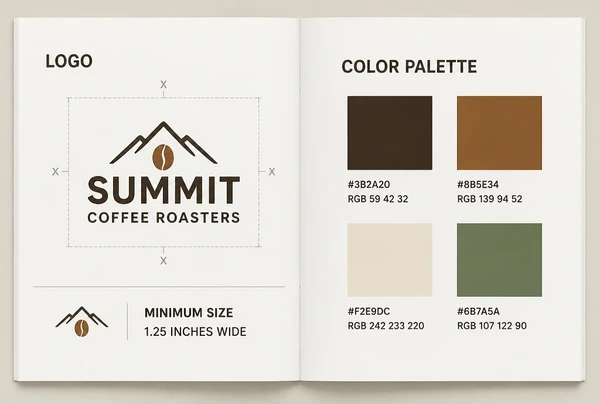 A coffee roastery brand guidelines book open at a spread showing logo clear space and colour codes