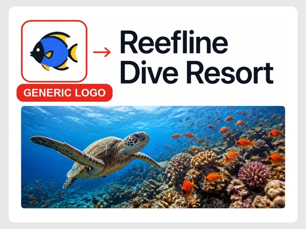 Reefline Dive Resort places a generic clipart fish logo over a striking underwater photograph.