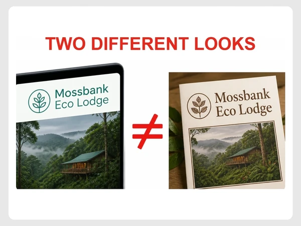 Mossbank Eco Lodge uses modern teal website lettering and old-fashioned brown brochure lettering.