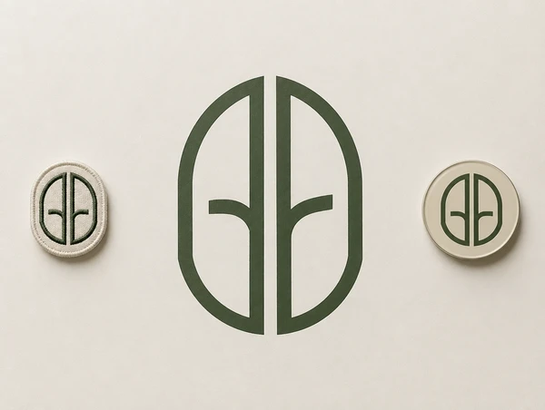 One interior design studio brand icon shown large painted, small embroidered and as a round badge