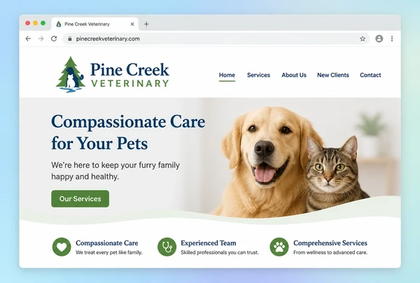 A new veterinary practice logo on a shopfront sign, with the same logo on a small card below