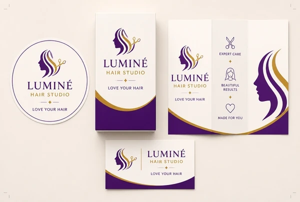 Print ready hair salon artwork showing a label, a box, a leaflet and a name card in one identity