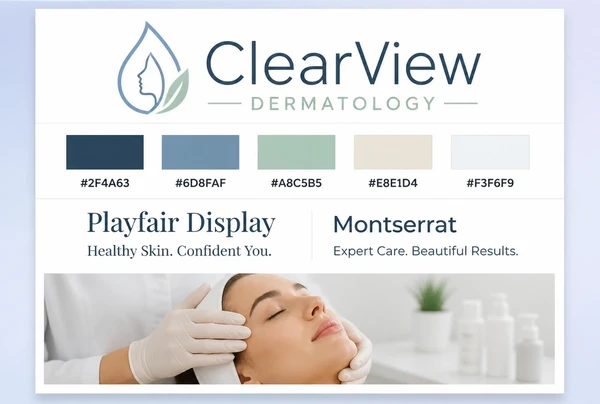 A printed identity board for a dermatology clinic showing logo, colours, two typefaces and one photo style