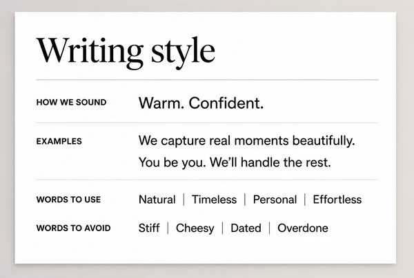 A printed writing style page for a photography studio showing tone words and example sentences