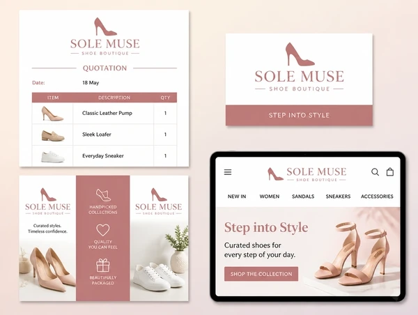 A quotation, name card, leaflet and website header for a shoe boutique sharing one identity