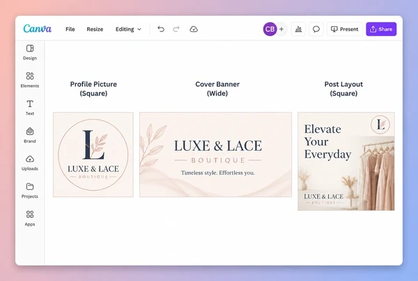 A social template sheet for a fashion boutique showing profile, cover and post layouts in one brand