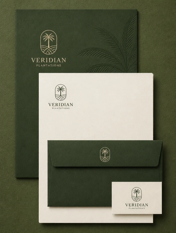 A tall stack of matching stationery for a plantation company, folder, letterhead, envelope and name card