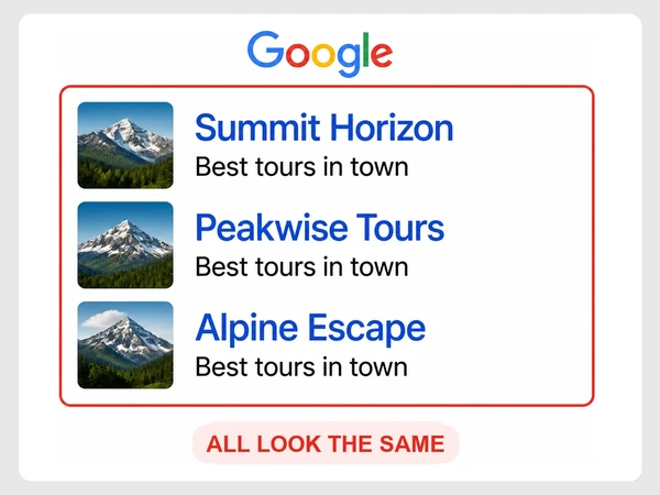 Peakwise Tours appears among three Google results using the identical Best tours in town tagline.