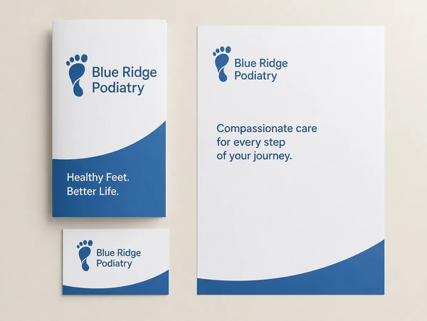 A brochure, name card and letterhead for a podiatry practice carrying one consistent identity